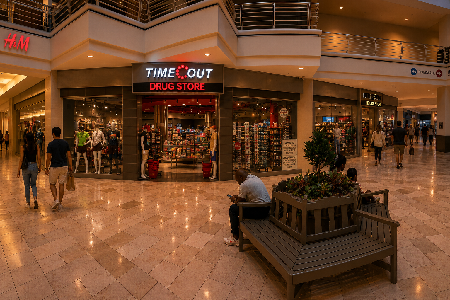 Time Out Drugstore and Time Out Liquor storefronts at The Shops at Rivercenter