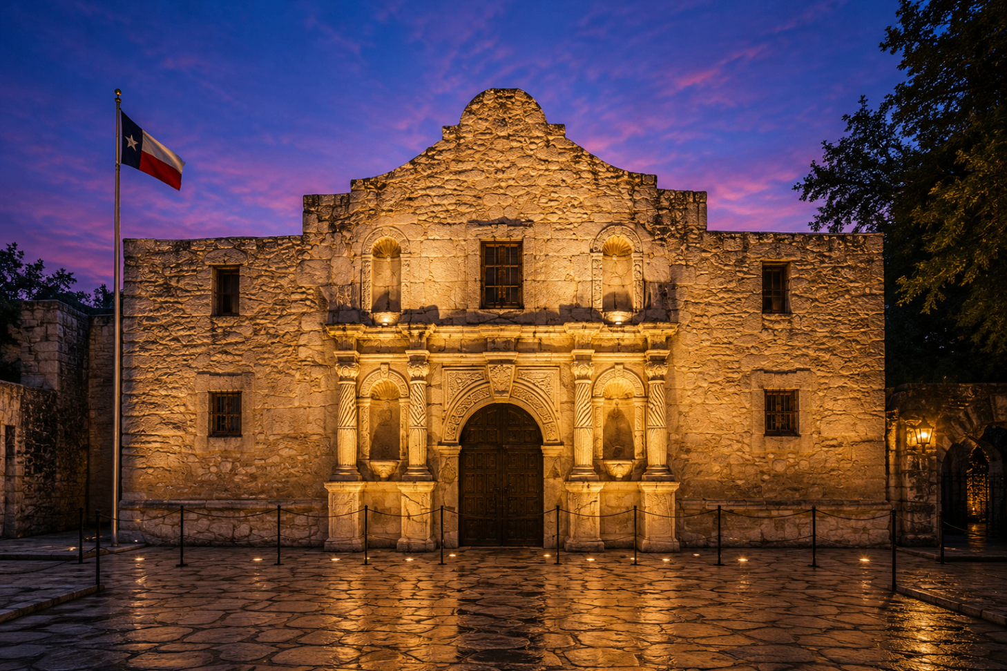The Alamo glowing at evening