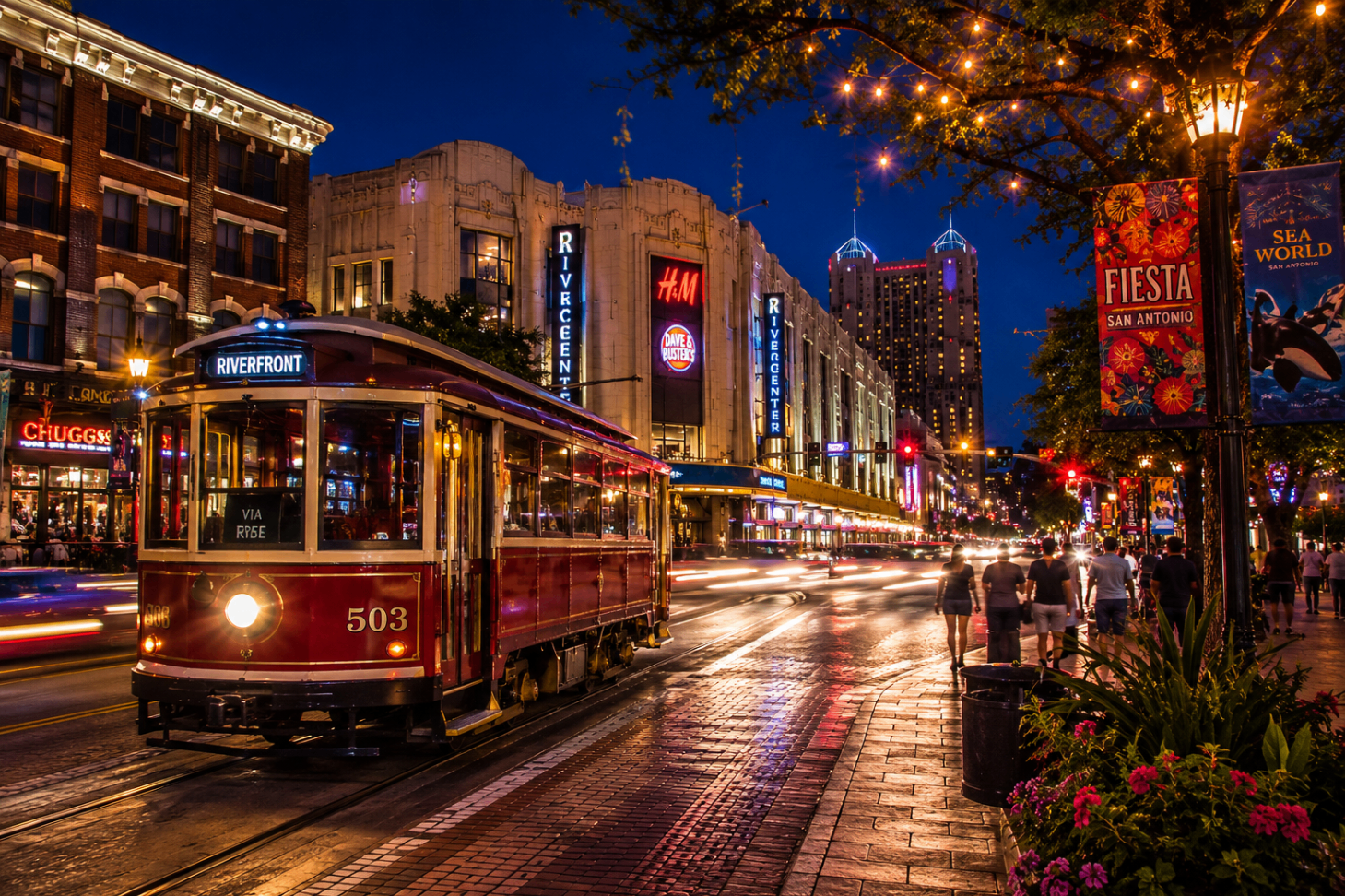 Downtown San Antonio streetcar at night