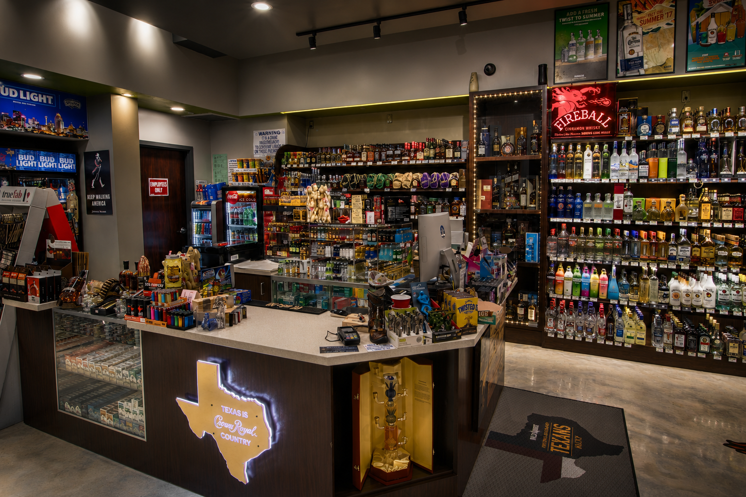 Liquor store interior with spirits wall