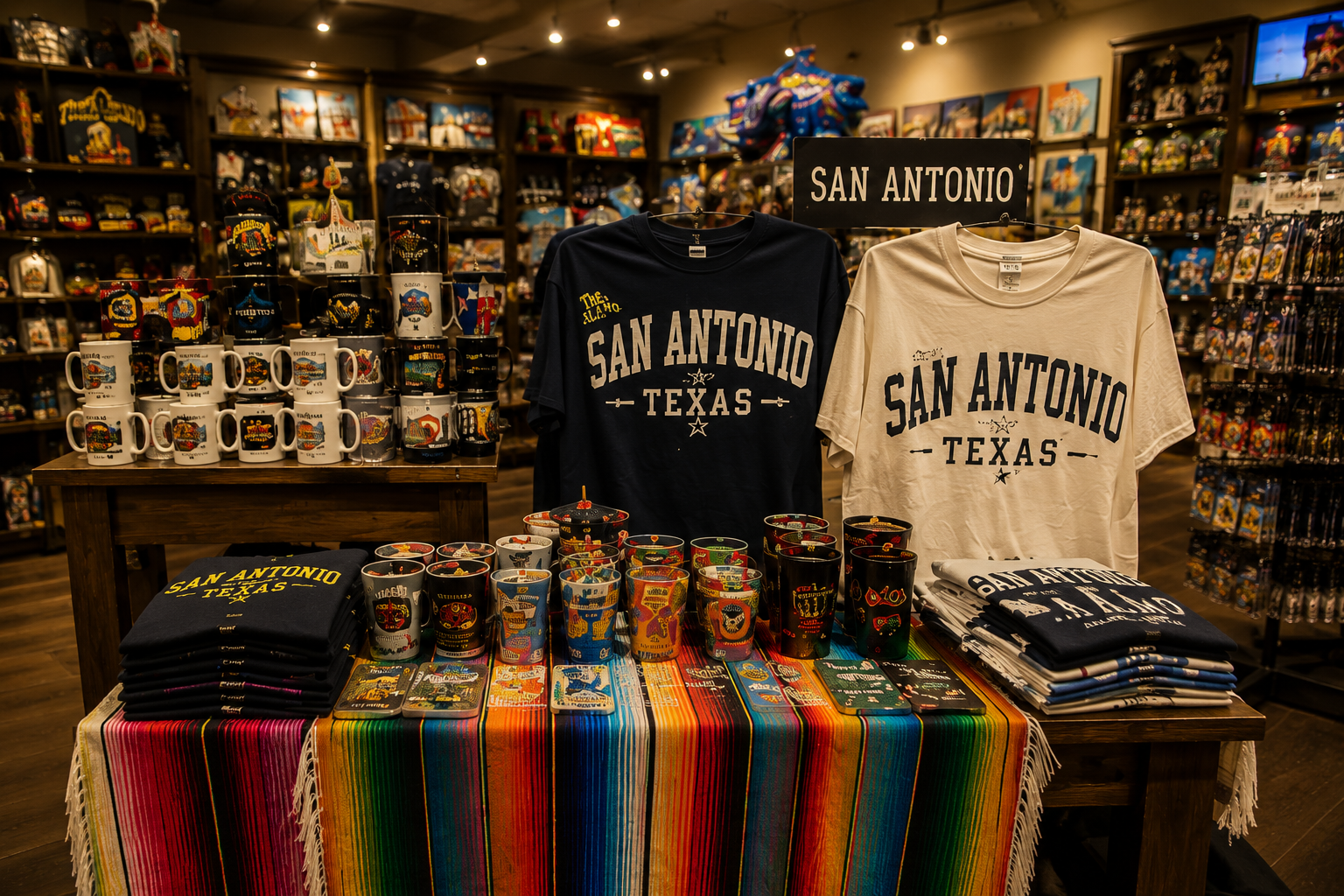 San Antonio tees and mugs display
